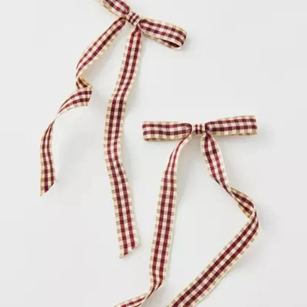 NWT Urban Outfitters Long Gingham Brown Hair Bow Clips Set of 2